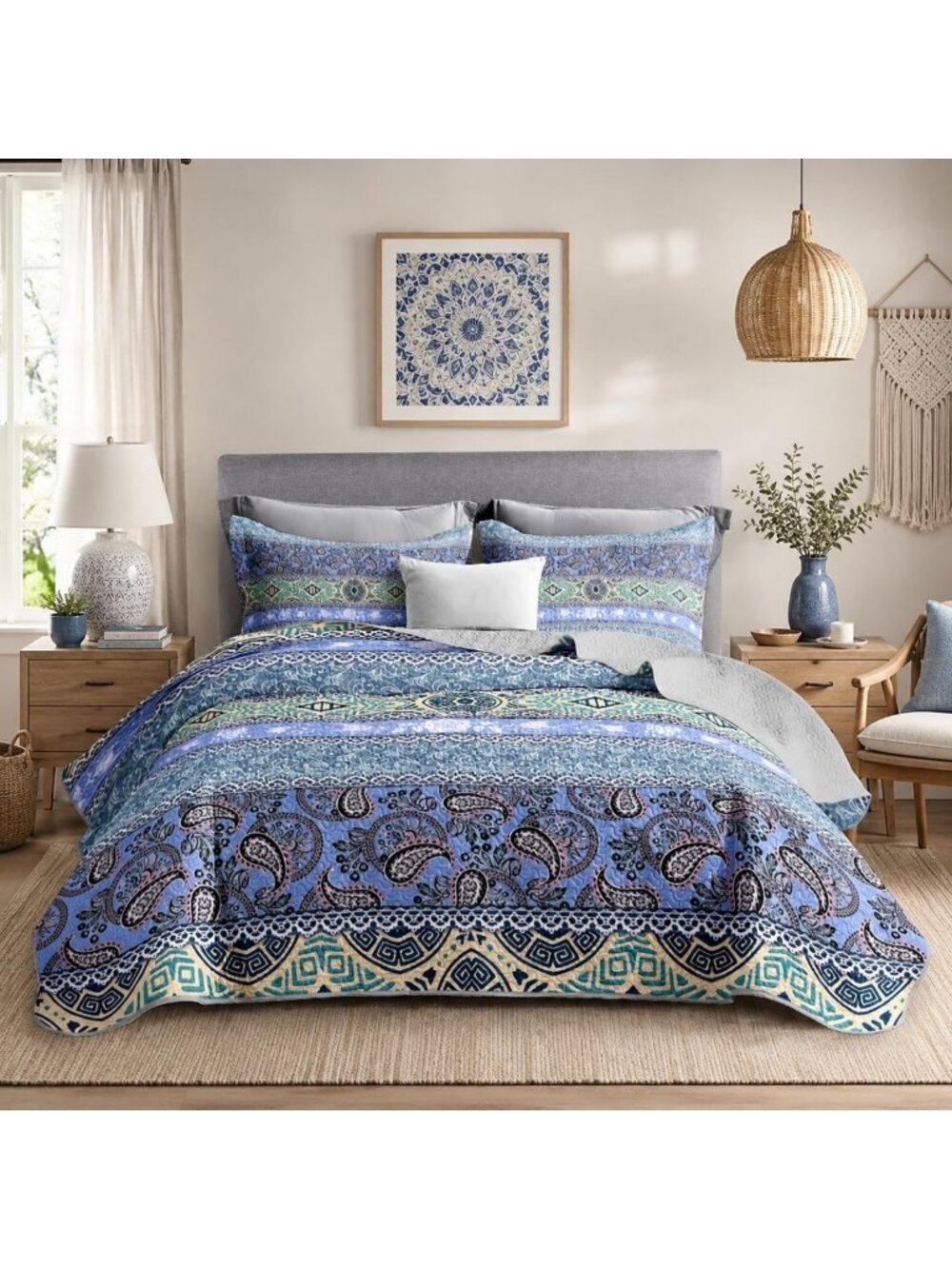 Bohemian King Size Quilt Set for Kids - Cozy Bedding with 2 Pillowcases